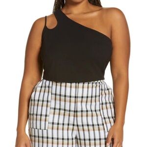 NEW Nordstrom Black One Shoulder Cut Out Crop‎ Top Size 1X Minimalist Stretch